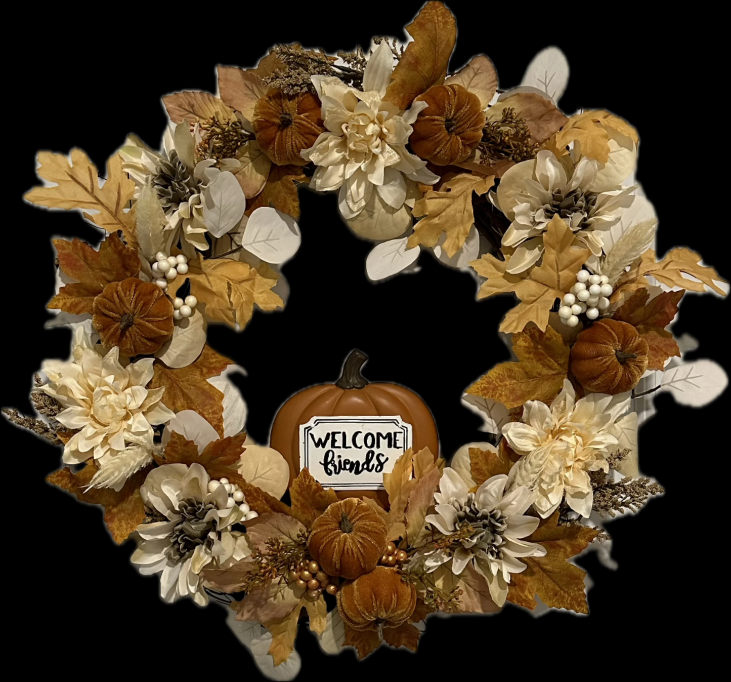 Fall, Floral, Brown Pumpkin & Gold Berries - (18" Wreath)