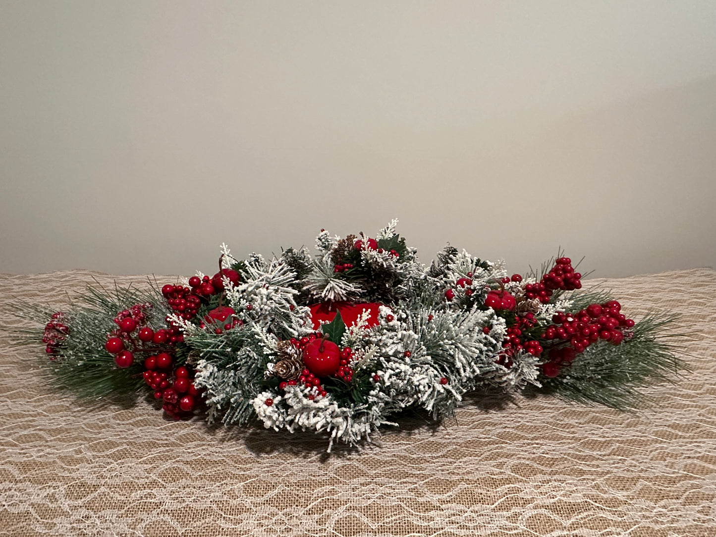 Christmas Centerpiece red apple, berries, and velvet red base