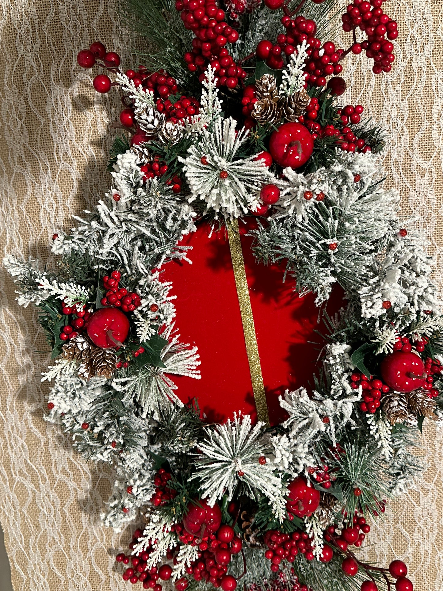 Christmas Centerpiece red apple, berries, and velvet red base