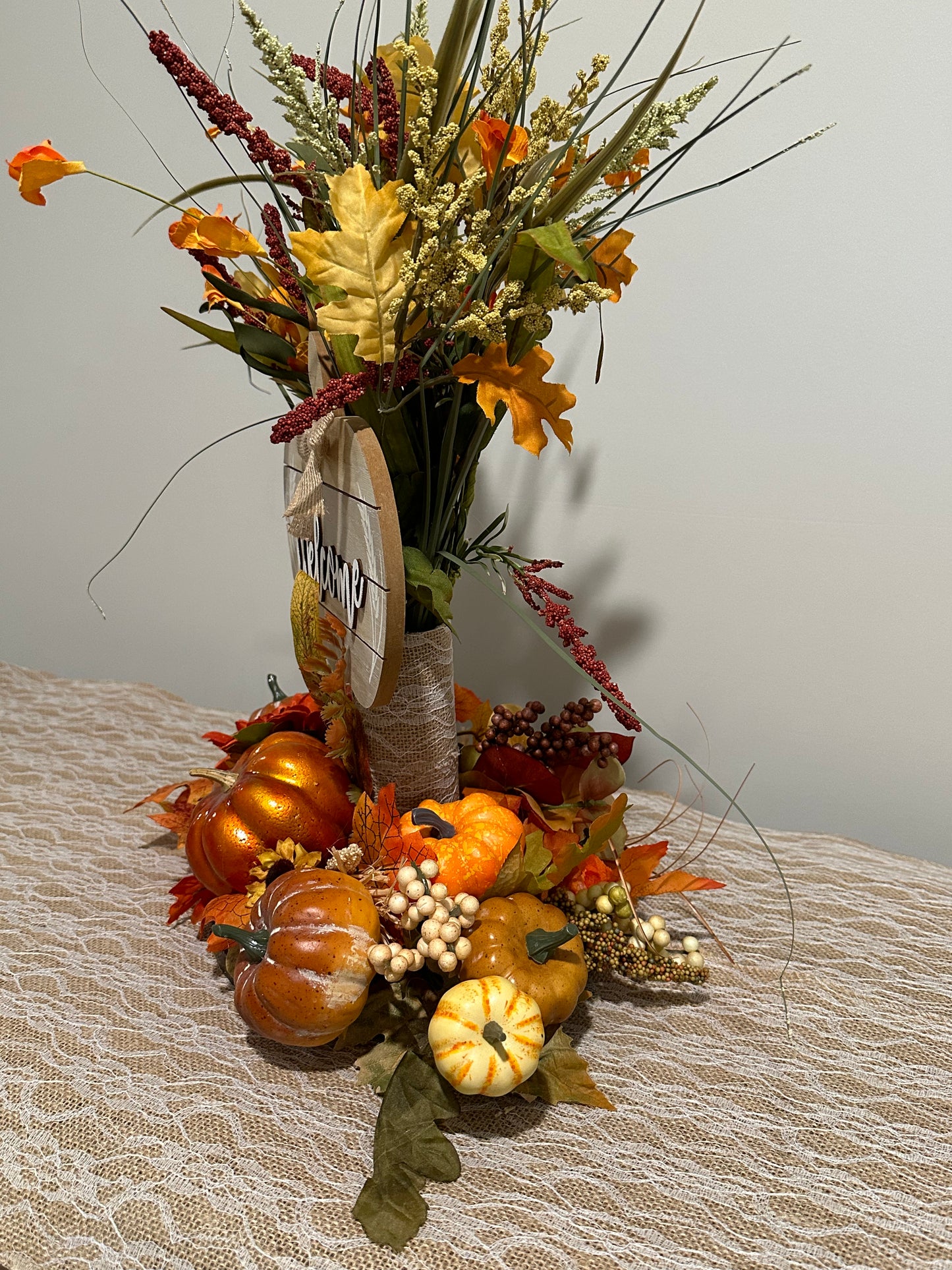 Welcome - Orange Shiny Pumpkin Fall Floral
