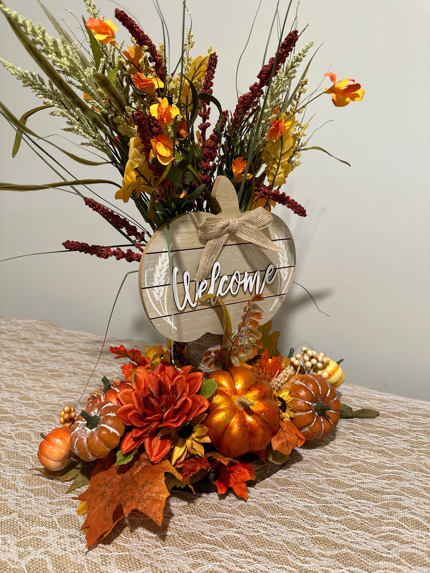 Welcome - Orange Shiny Pumpkin Fall Floral