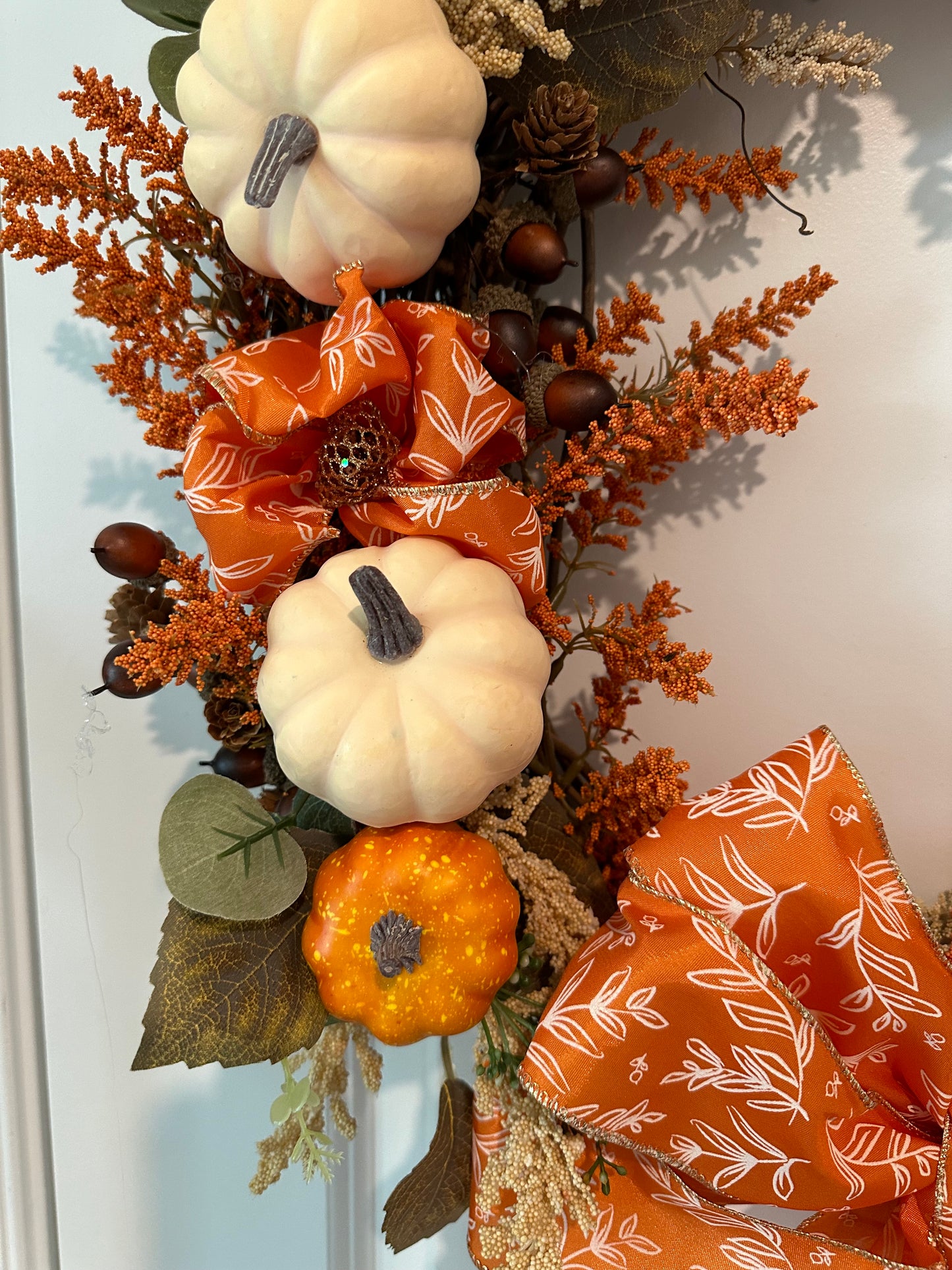 Fall/Thanksgiving, Floral, Orange & Cream Pumpkin & Bright Orange Bow (18" Wreath)