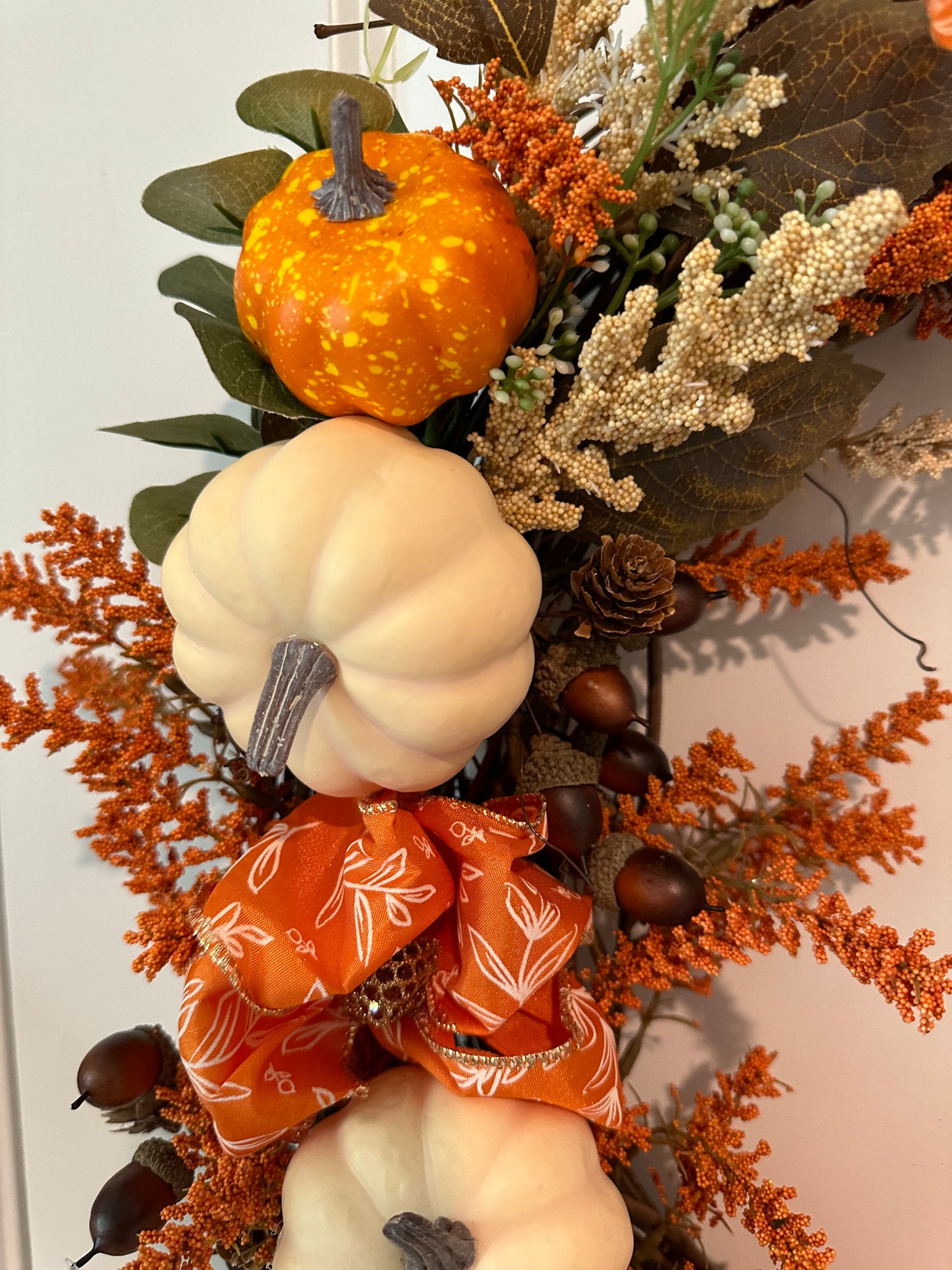 Fall/Thanksgiving, Floral, Orange & Cream Pumpkin & Bright Orange Bow (18" Wreath)