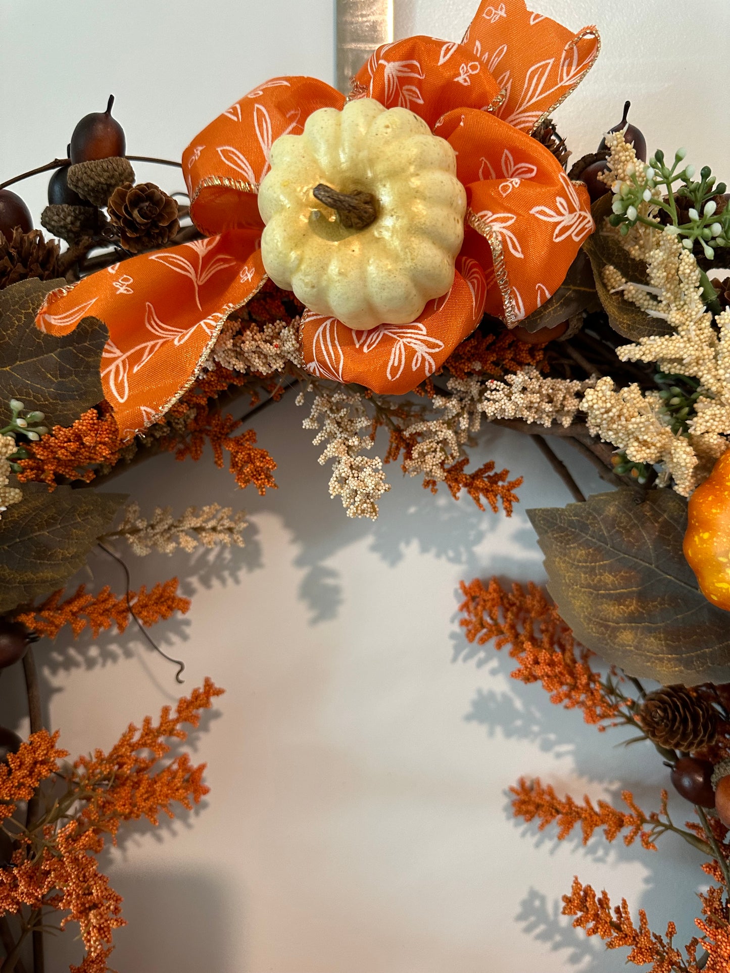 Fall/Thanksgiving, Floral, Orange & Cream Pumpkin & Bright Orange Bow (18" Wreath)
