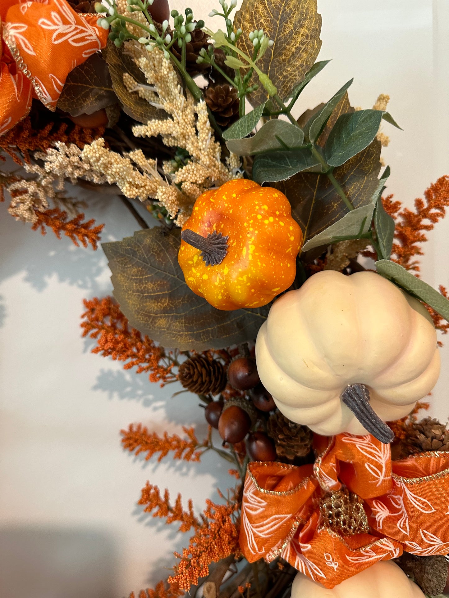 Fall/Thanksgiving, Floral, Orange & Cream Pumpkin & Bright Orange Bow (18" Wreath)