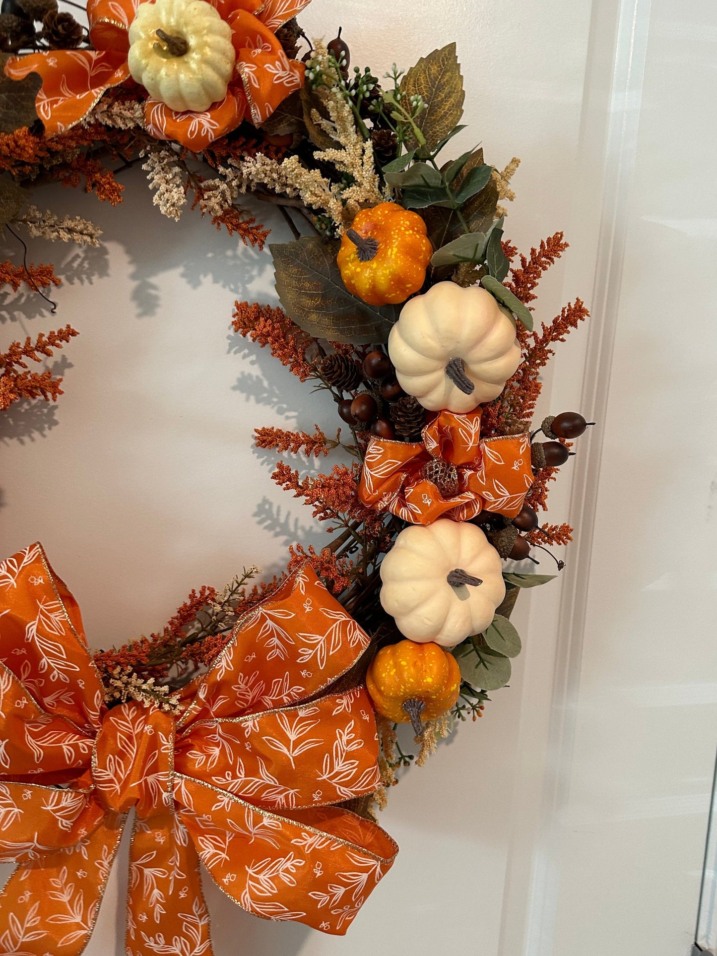 Fall/Thanksgiving, Floral, Orange & Cream Pumpkin & Bright Orange Bow (18" Wreath)