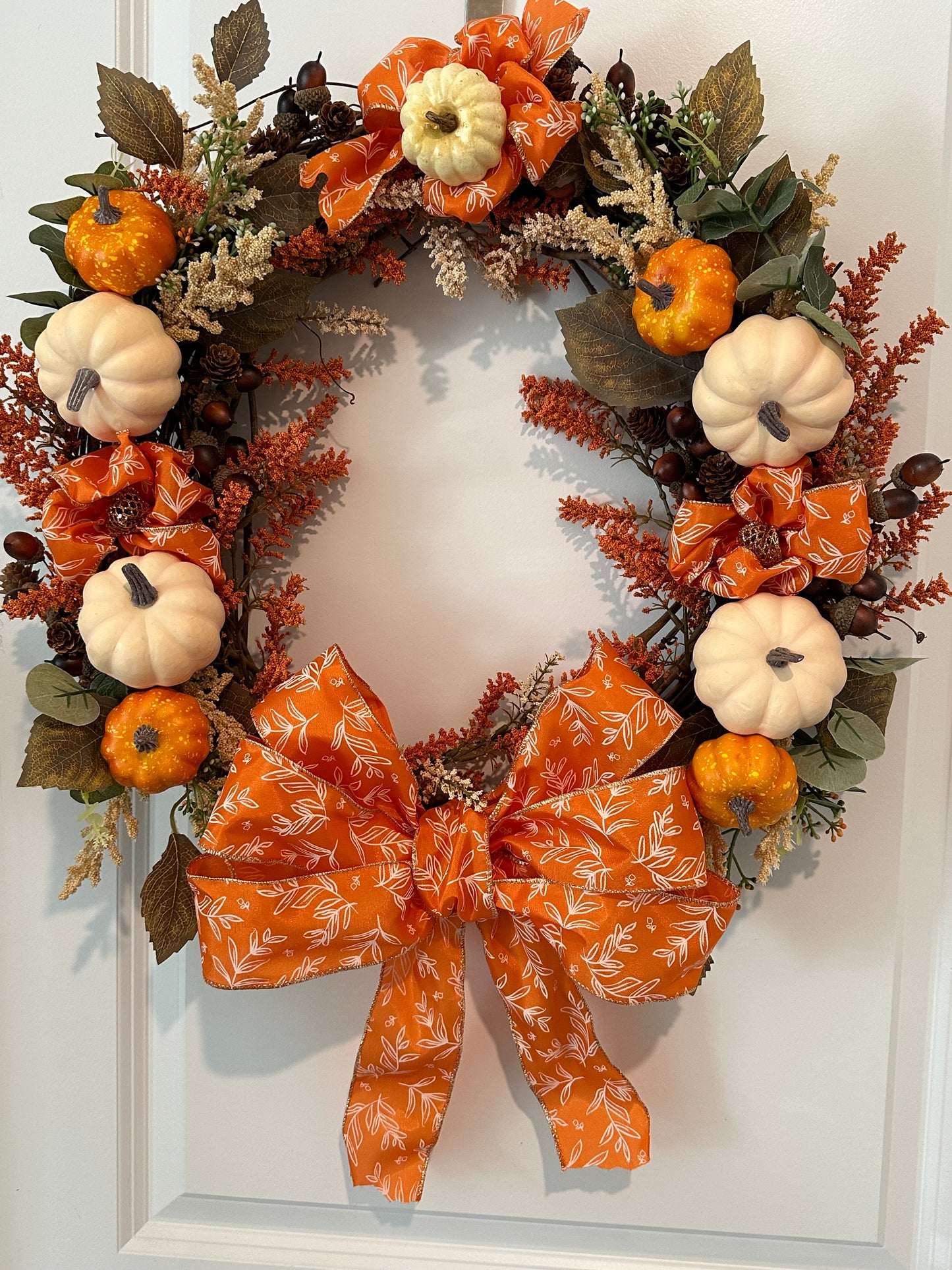 Fall/Thanksgiving, Floral, Orange & Cream Pumpkin & Bright Orange Bow (18" Wreath)
