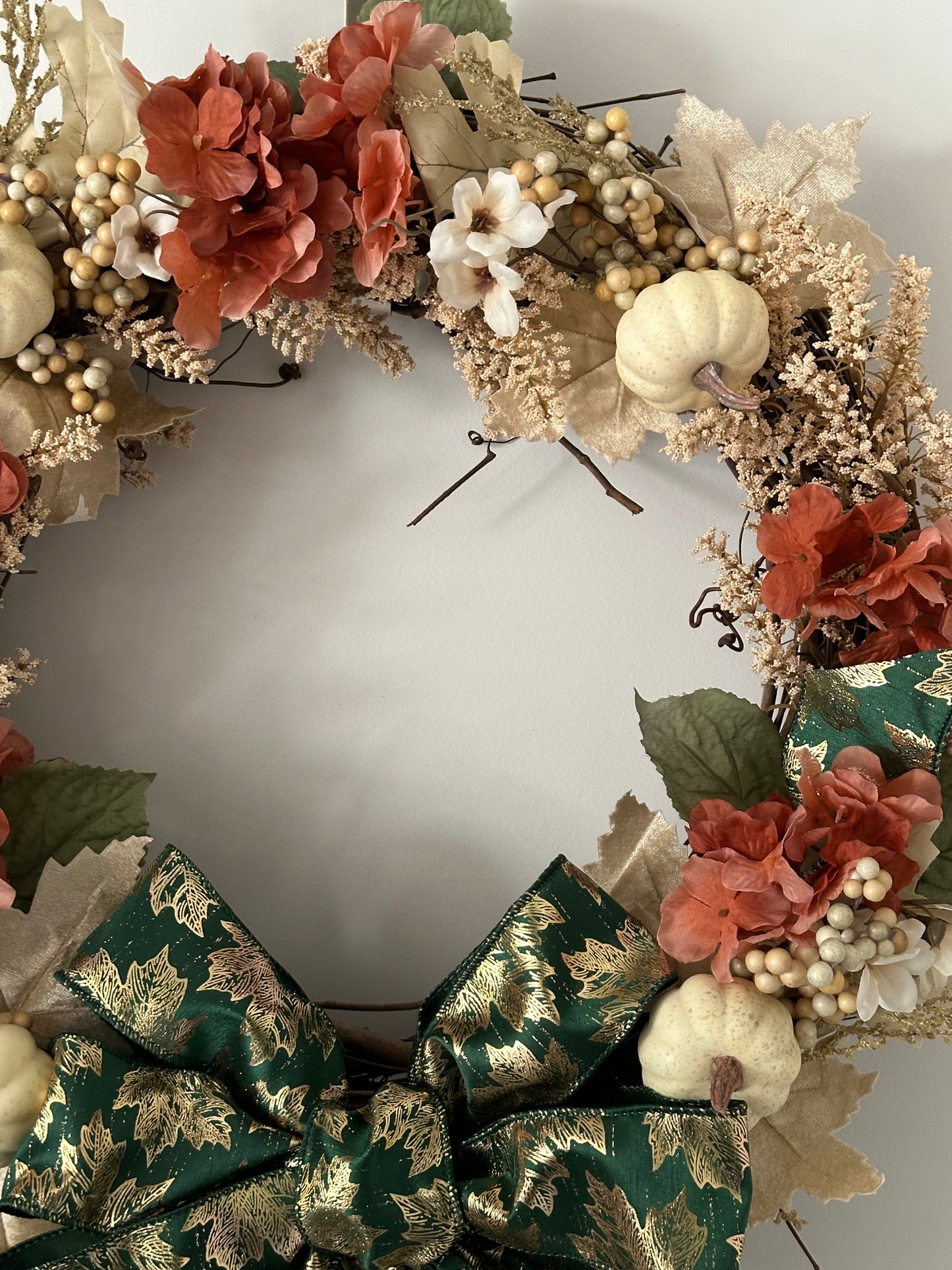 Fall, Floral, Cream Pumpkin & Green Bow - (18" Wreath)