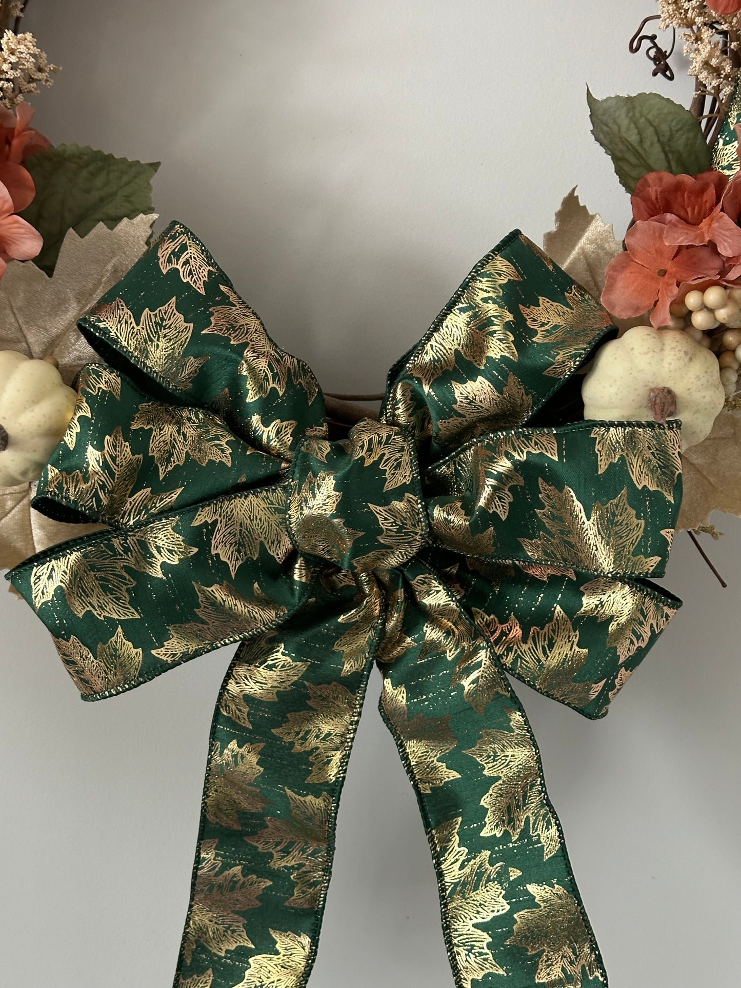 Fall, Floral, Cream Pumpkin & Green Bow - (18" Wreath)