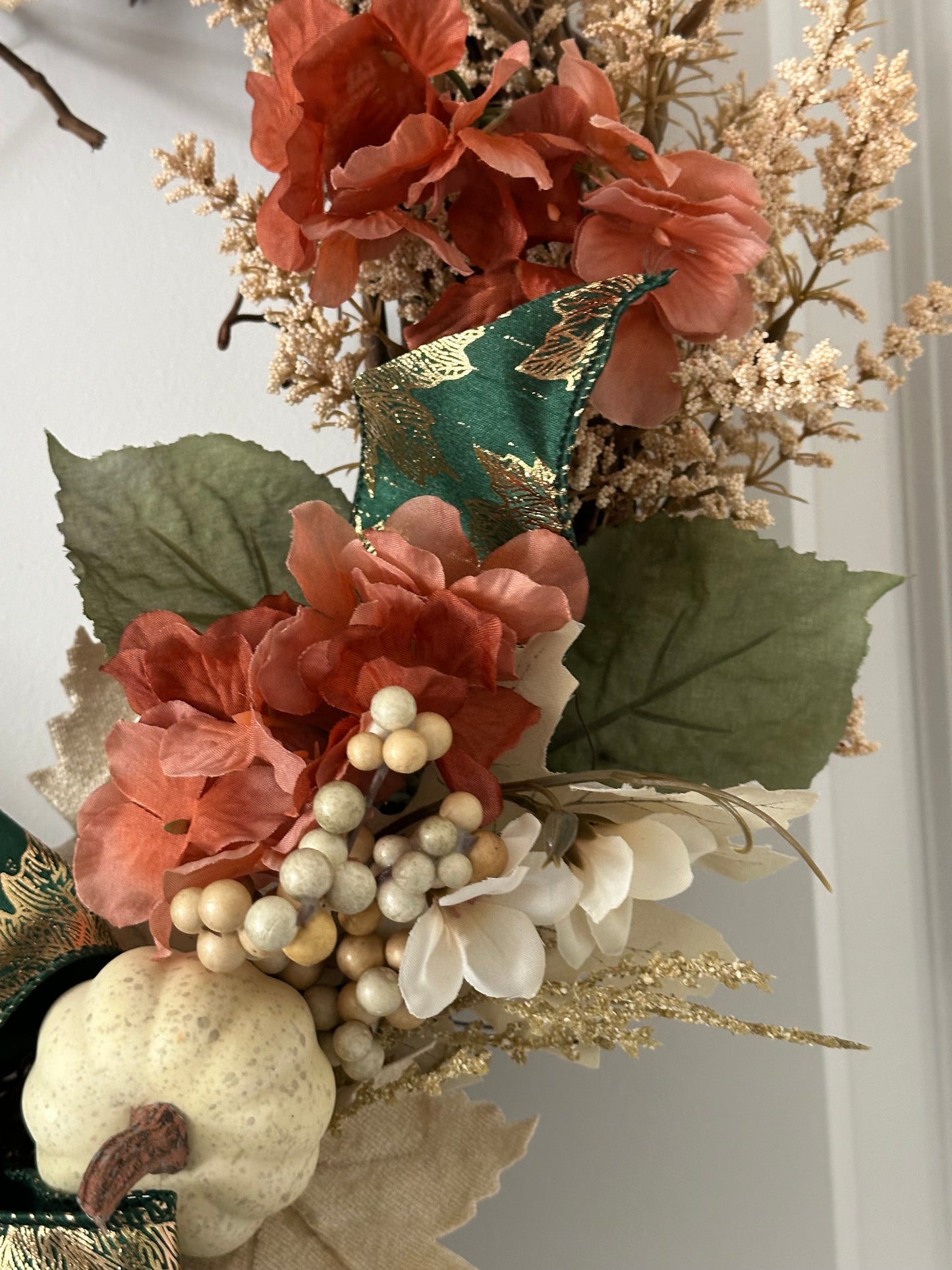 Fall, Floral, Cream Pumpkin & Green Bow - (18" Wreath)