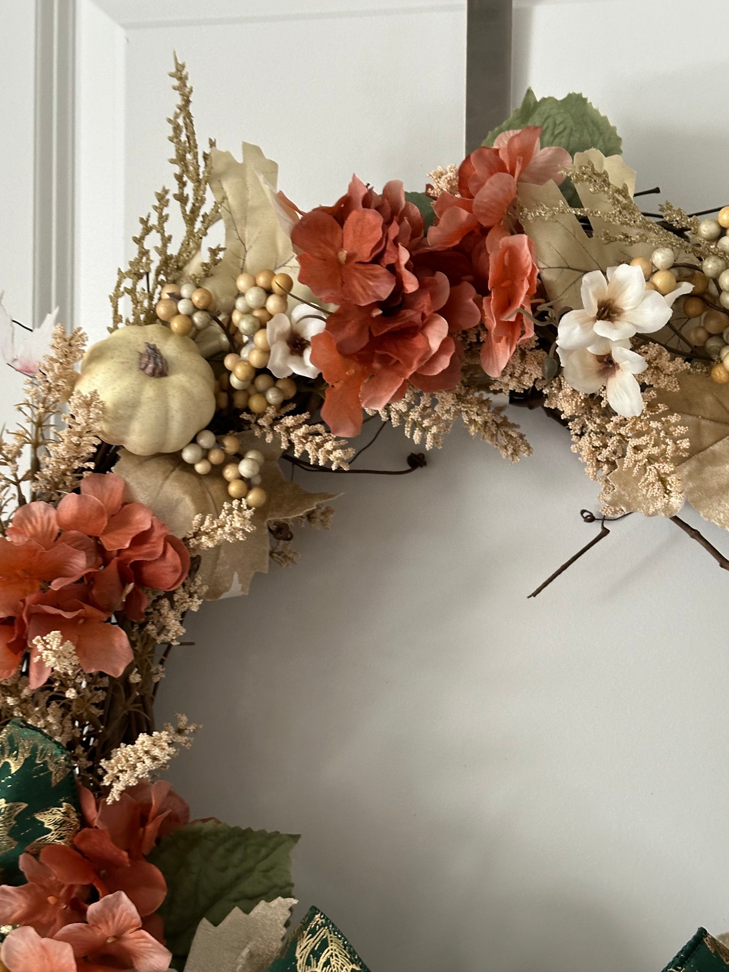 Fall, Floral, Cream Pumpkin & Green Bow - (18" Wreath)