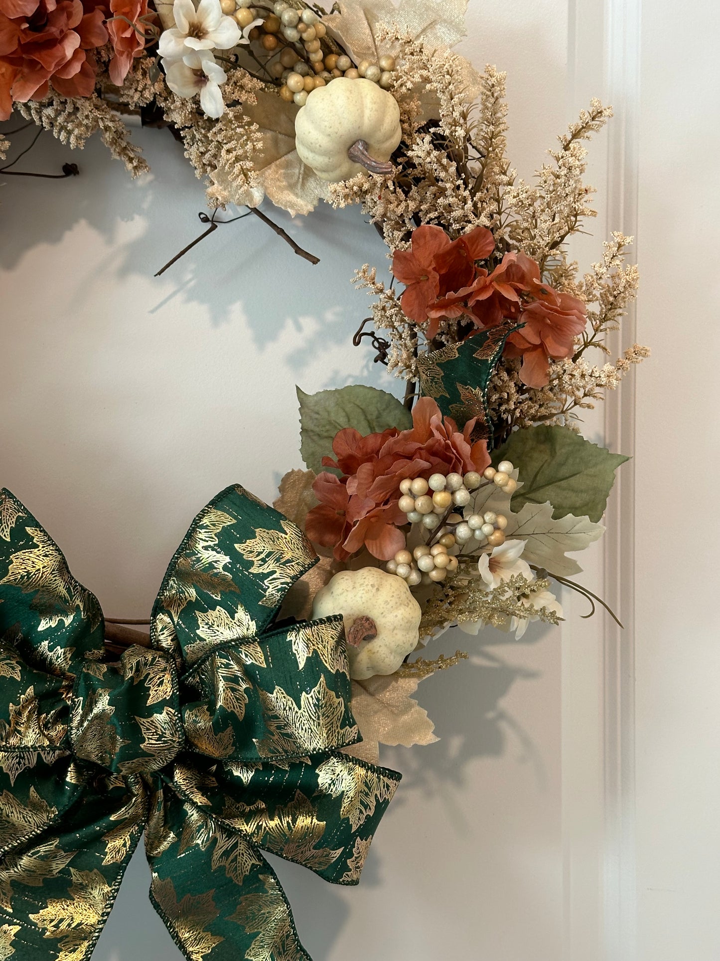 Fall, Floral, Cream Pumpkin & Green Bow - (18" Wreath)