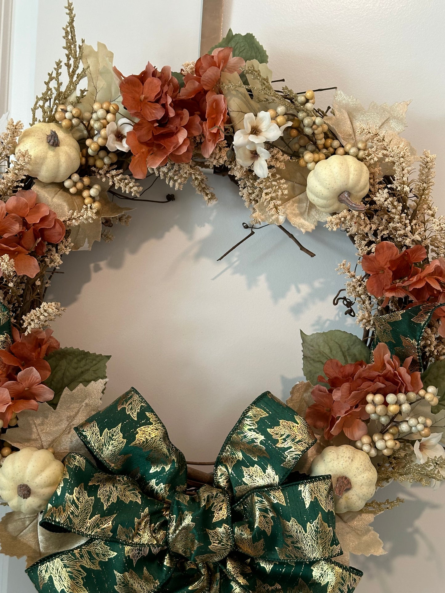 Fall, Floral, Cream Pumpkin & Green Bow - (18" Wreath)