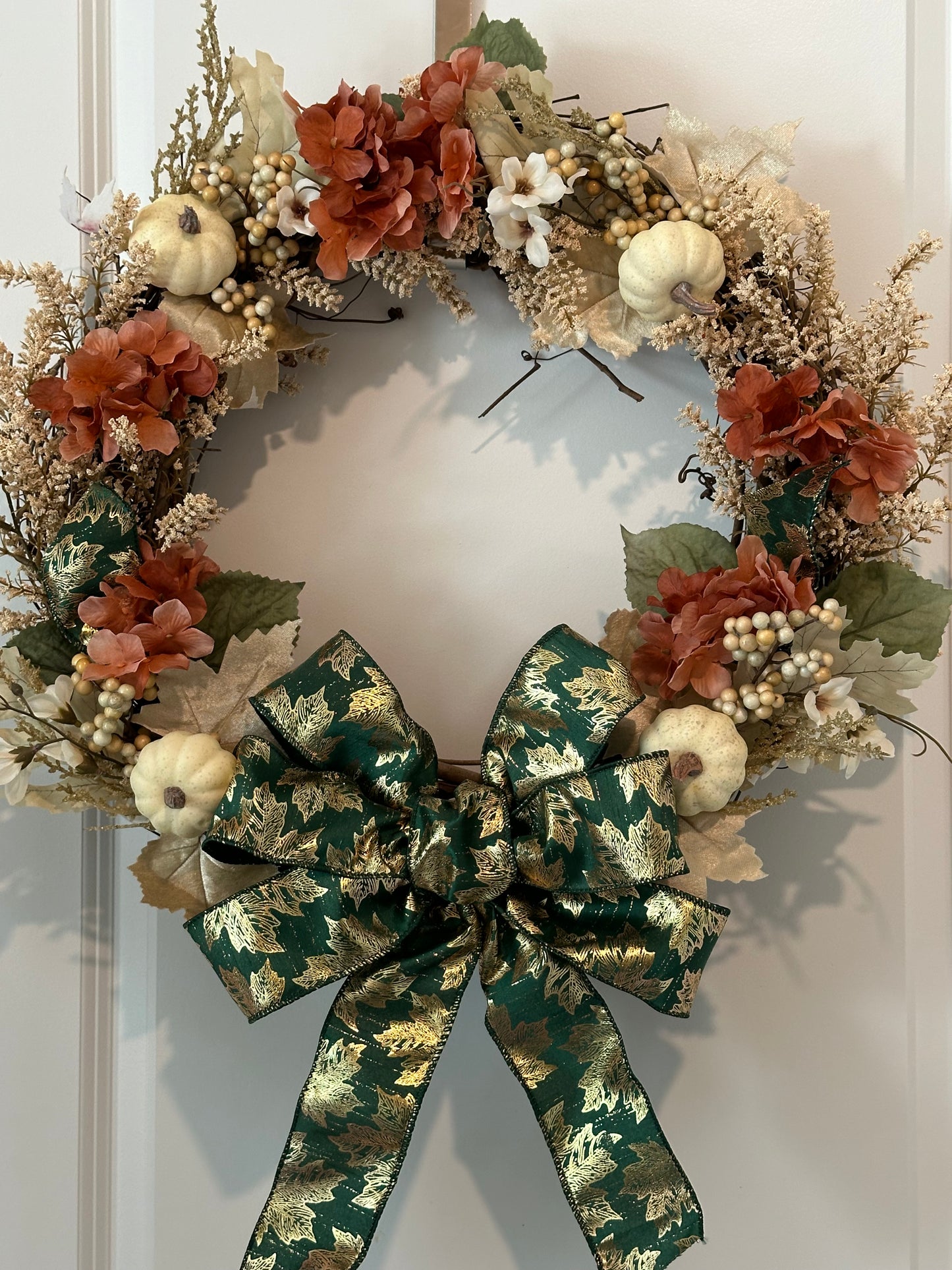 Fall, Floral, Cream Pumpkin & Green Bow - (18" Wreath)