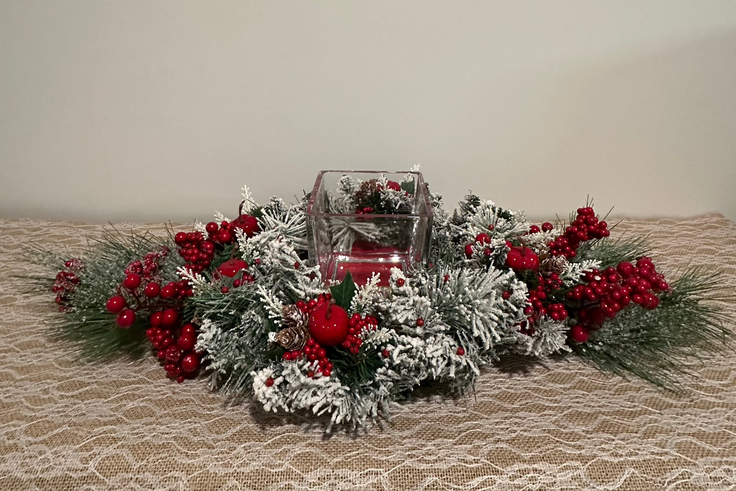 Christmas Centerpiece red apple, berries, and velvet red base