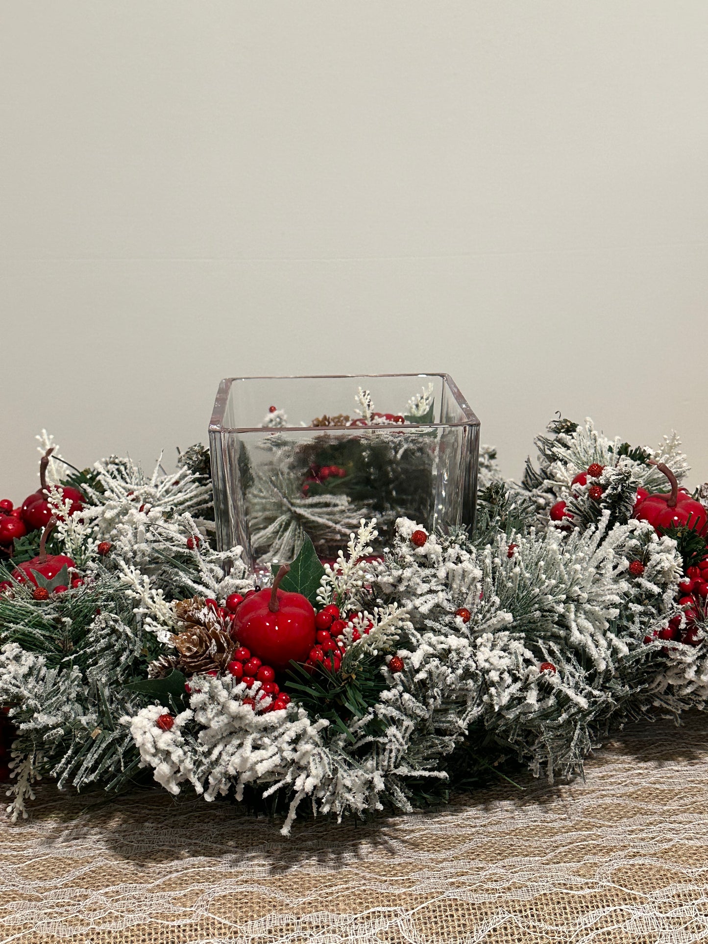 Christmas Centerpiece red apple, berries, and velvet red base
