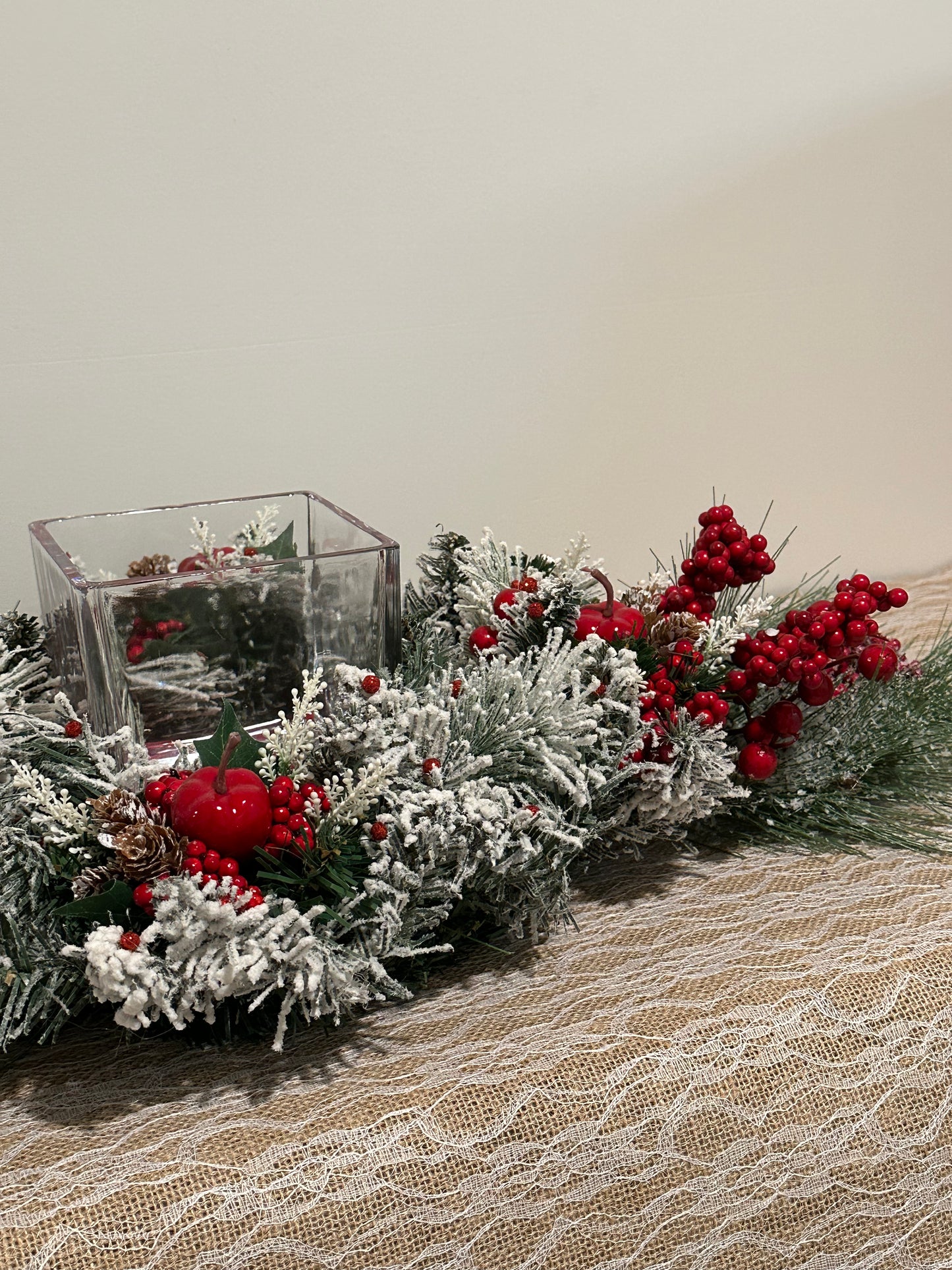 Christmas Centerpiece red apple, berries, and velvet red base