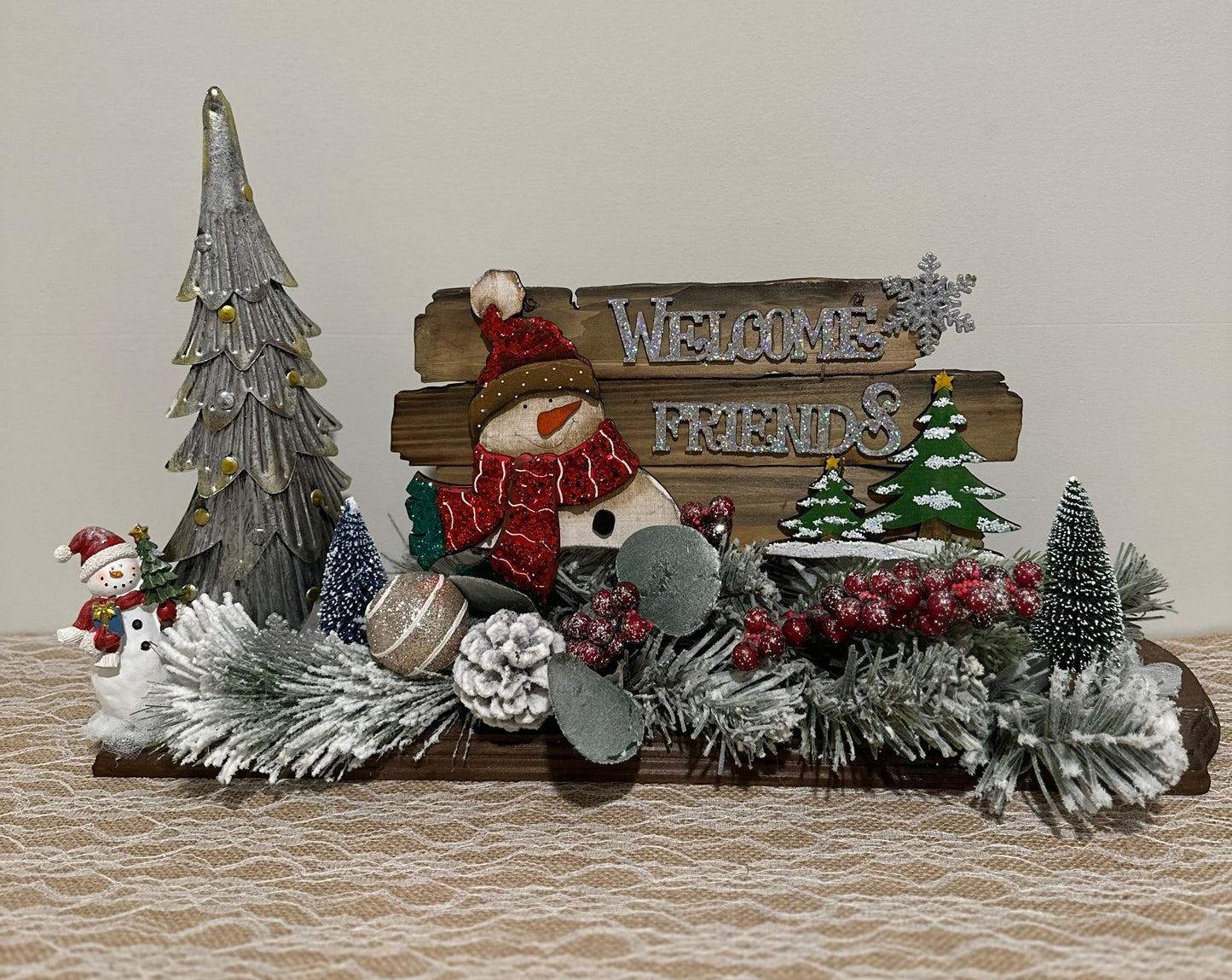 Christmas Centerpiece - Tabletop Decor, Welcome Friends Snowman Metal Tree