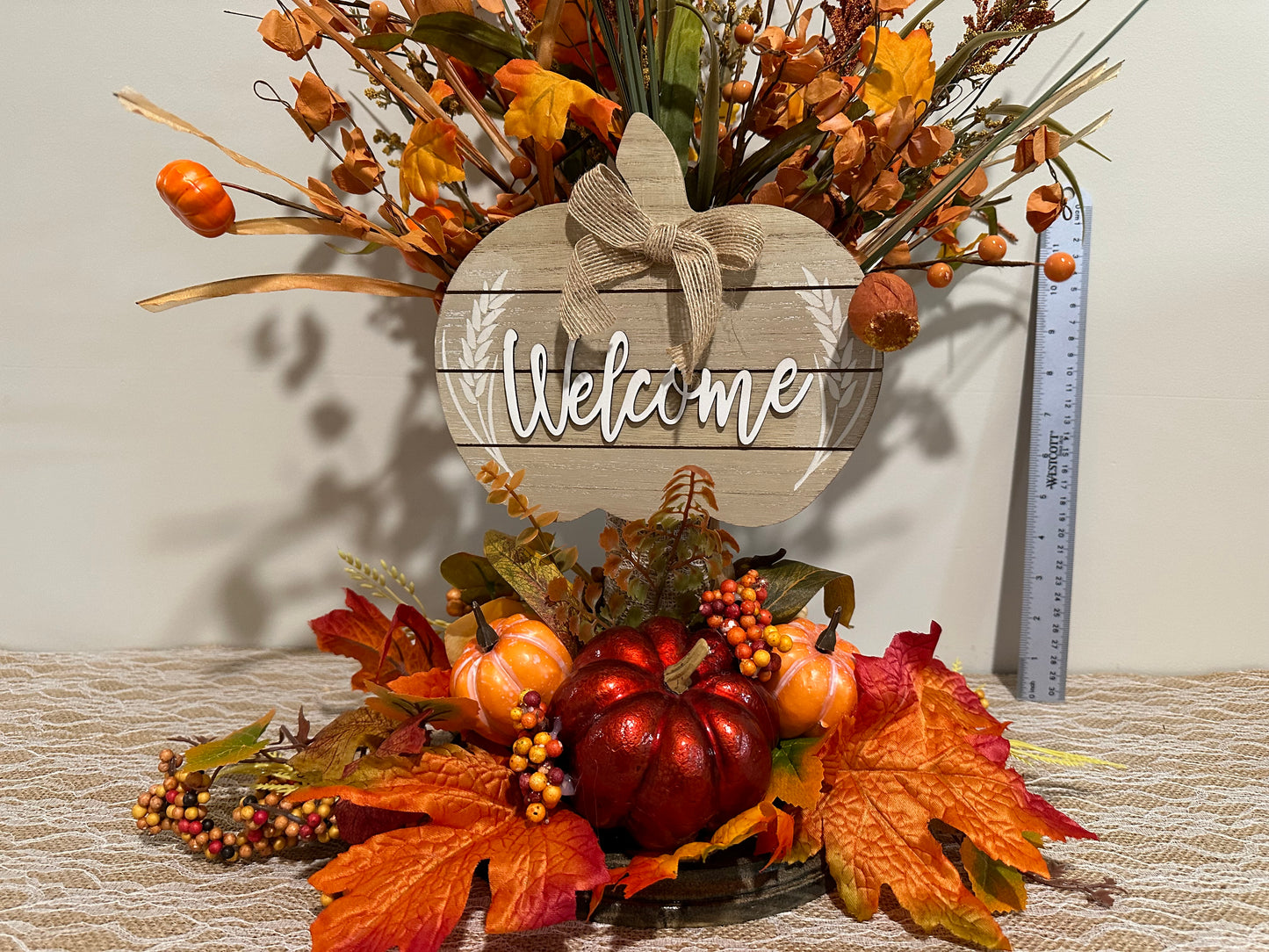 Welcome - Red Shiny Pumpkin Fall Floral