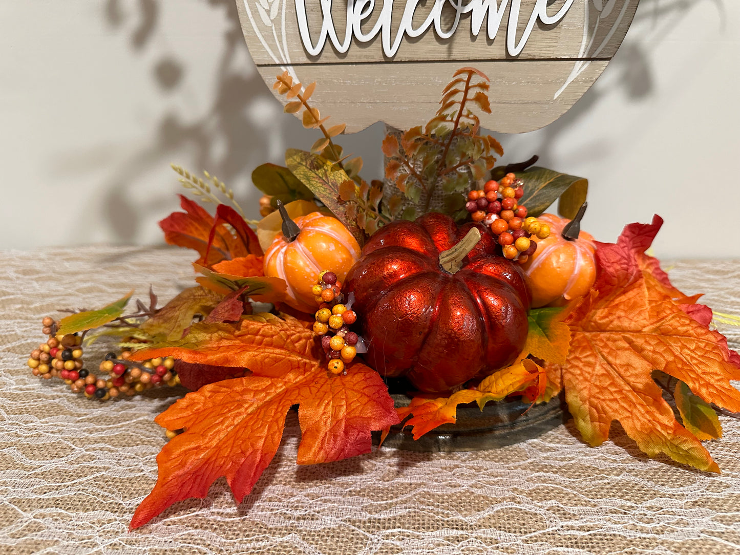 Welcome - Red Shiny Pumpkin Fall Floral