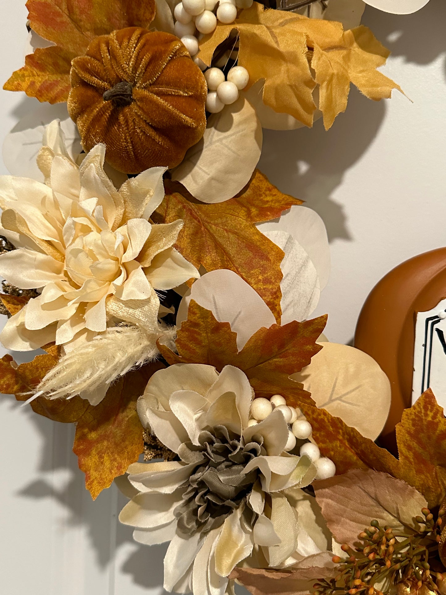 Fall, Floral, Brown Pumpkin & Gold Berries - (18" Wreath)