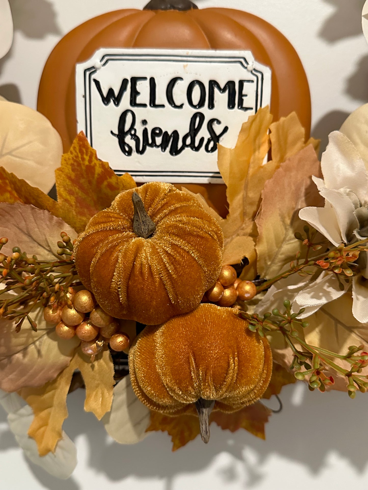 Fall, Floral, Brown Pumpkin & Gold Berries - (18" Wreath)