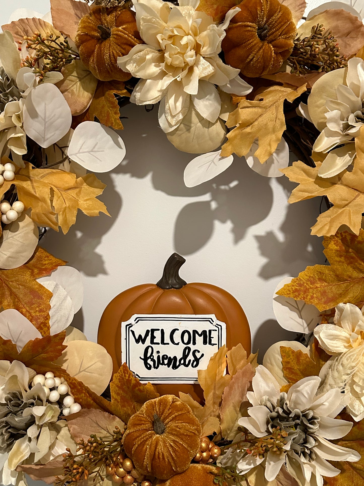 Fall, Floral, Brown Pumpkin & Gold Berries - (18" Wreath)