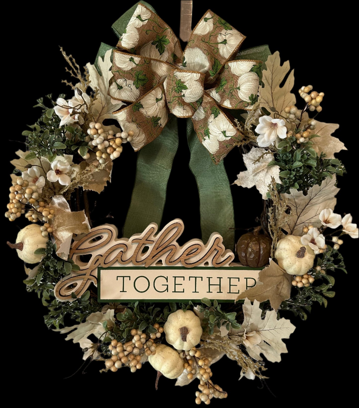 Fall, Floral Cream Pumpkin Bow - (18" Wreath)