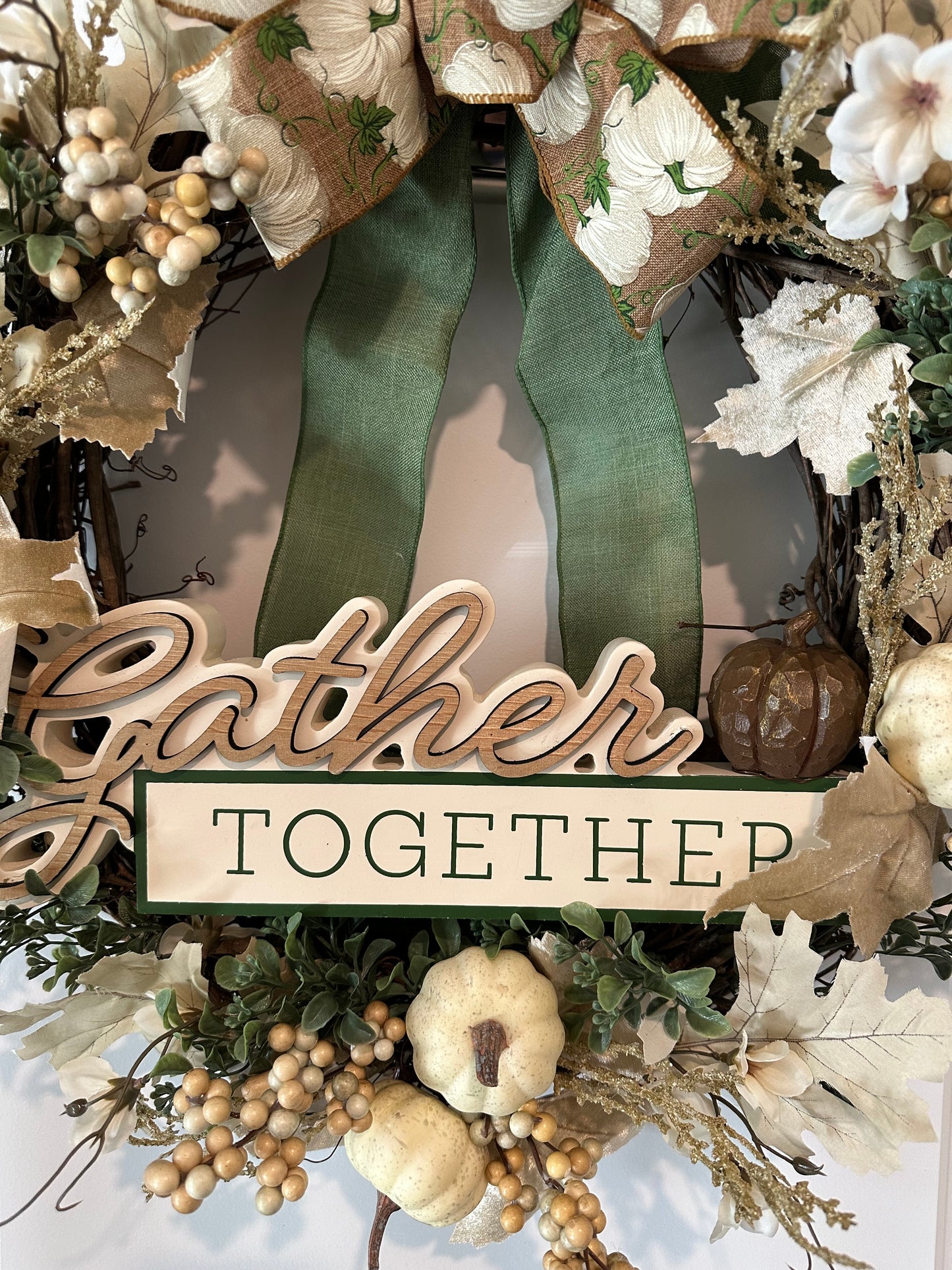 Fall, Floral Cream Pumpkin Bow - (18" Wreath)