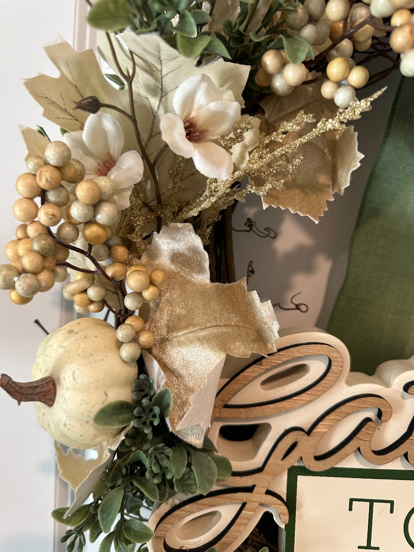 Fall, Floral Cream Pumpkin Bow - (18" Wreath)