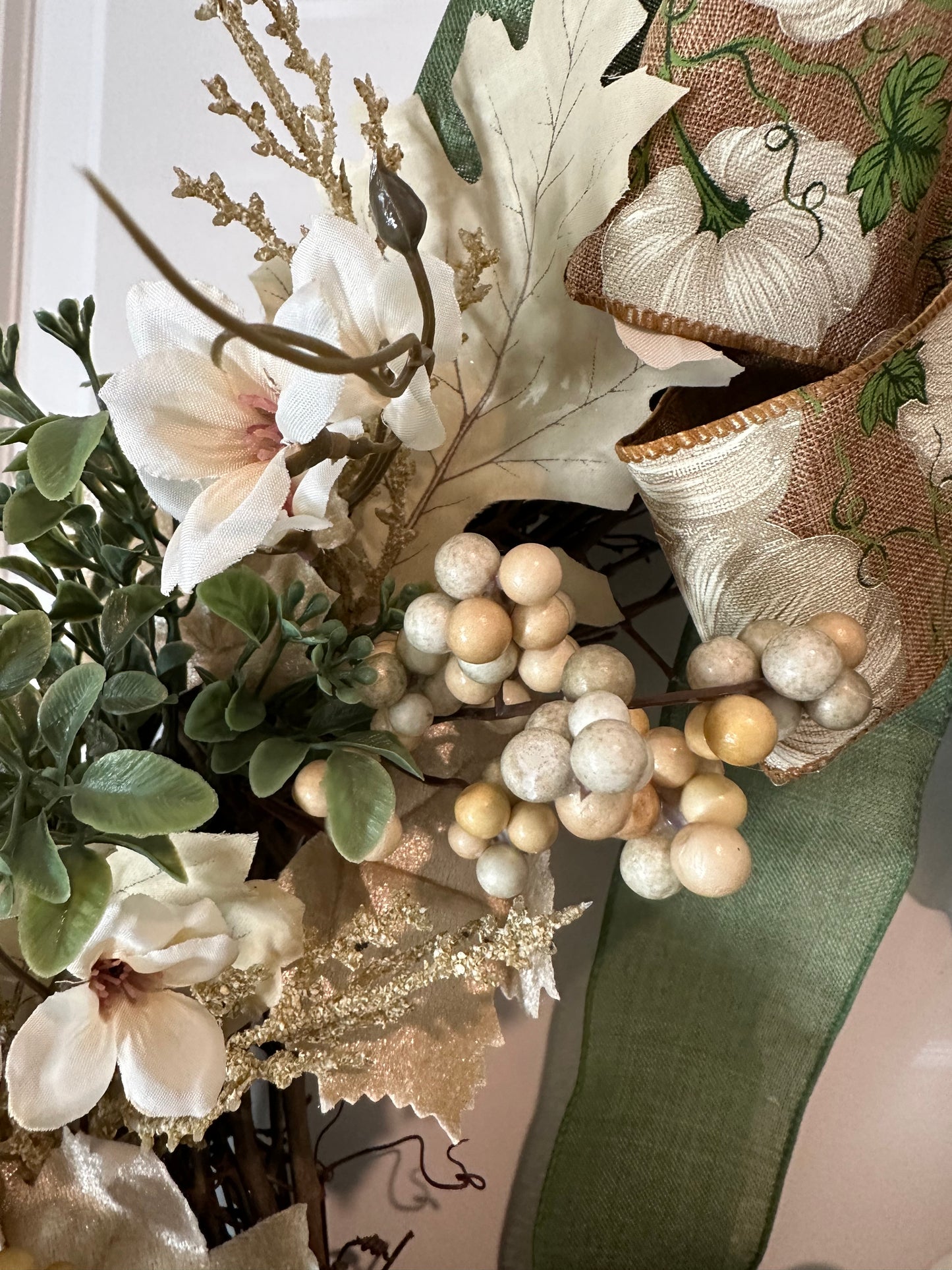 Fall, Floral Cream Pumpkin Bow - (18" Wreath)