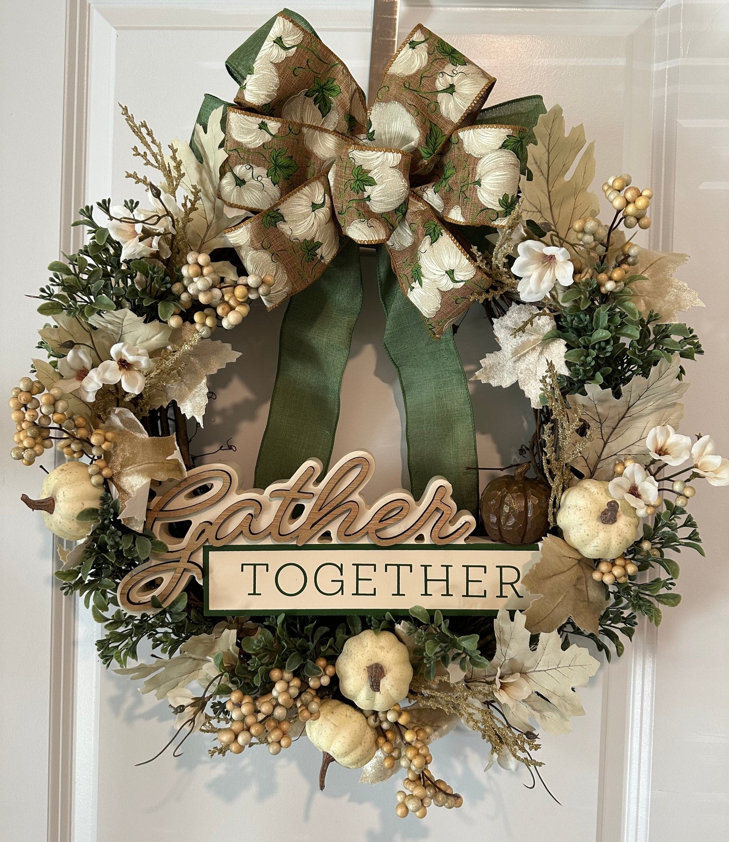 Fall, Floral Cream Pumpkin Bow - (18" Wreath)