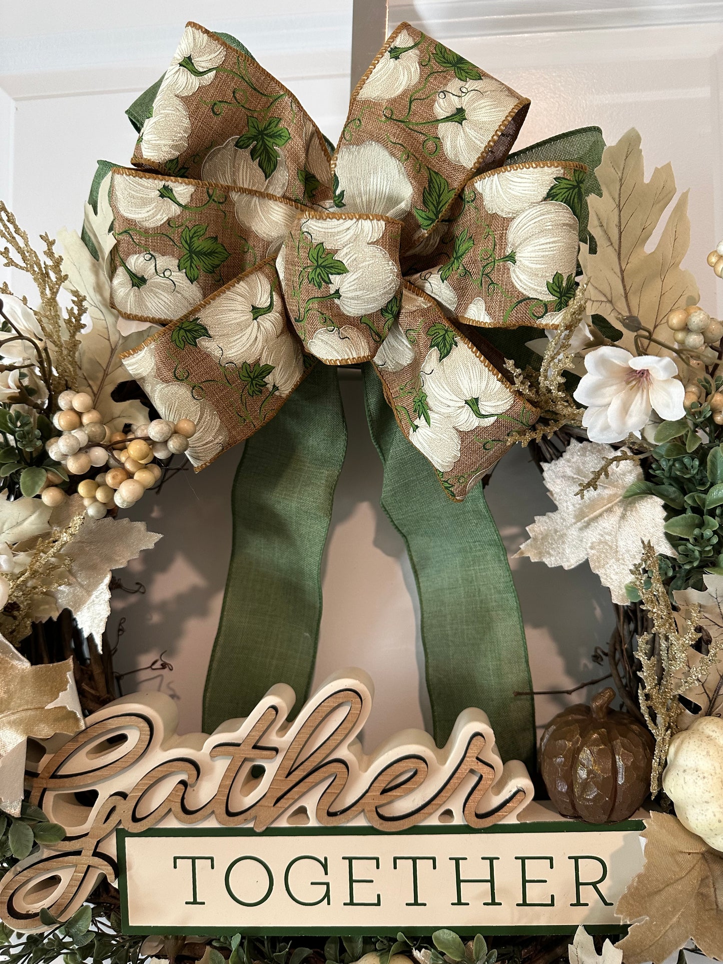 Fall, Floral Cream Pumpkin Bow - (18" Wreath)