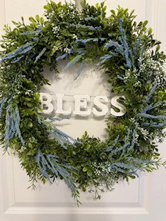 a. Spring Boxwood Wreath - Blue Floral with white highlights