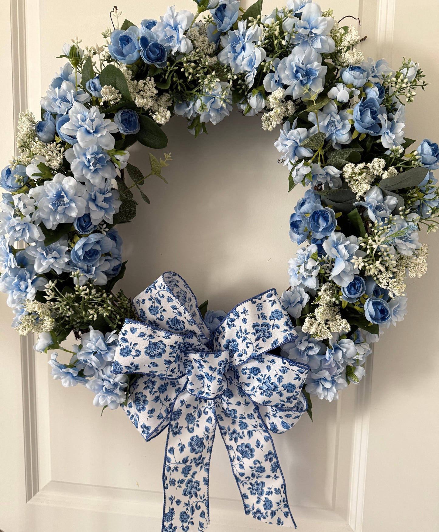 a. Spring Blue Floral Ribbon and Flowers Wreath