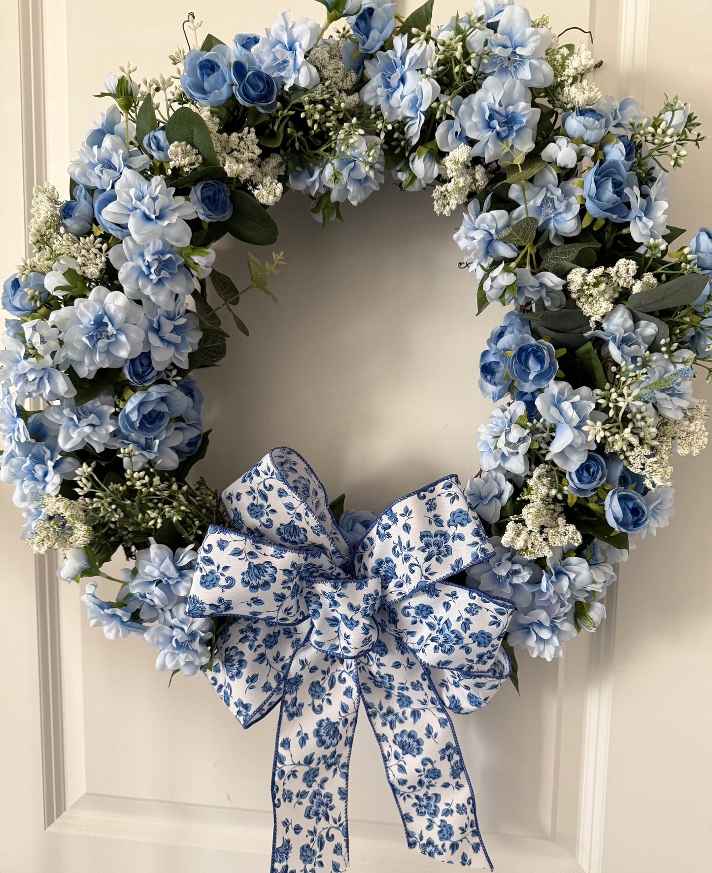 a. Spring Blue Floral Ribbon and Flowers Wreath