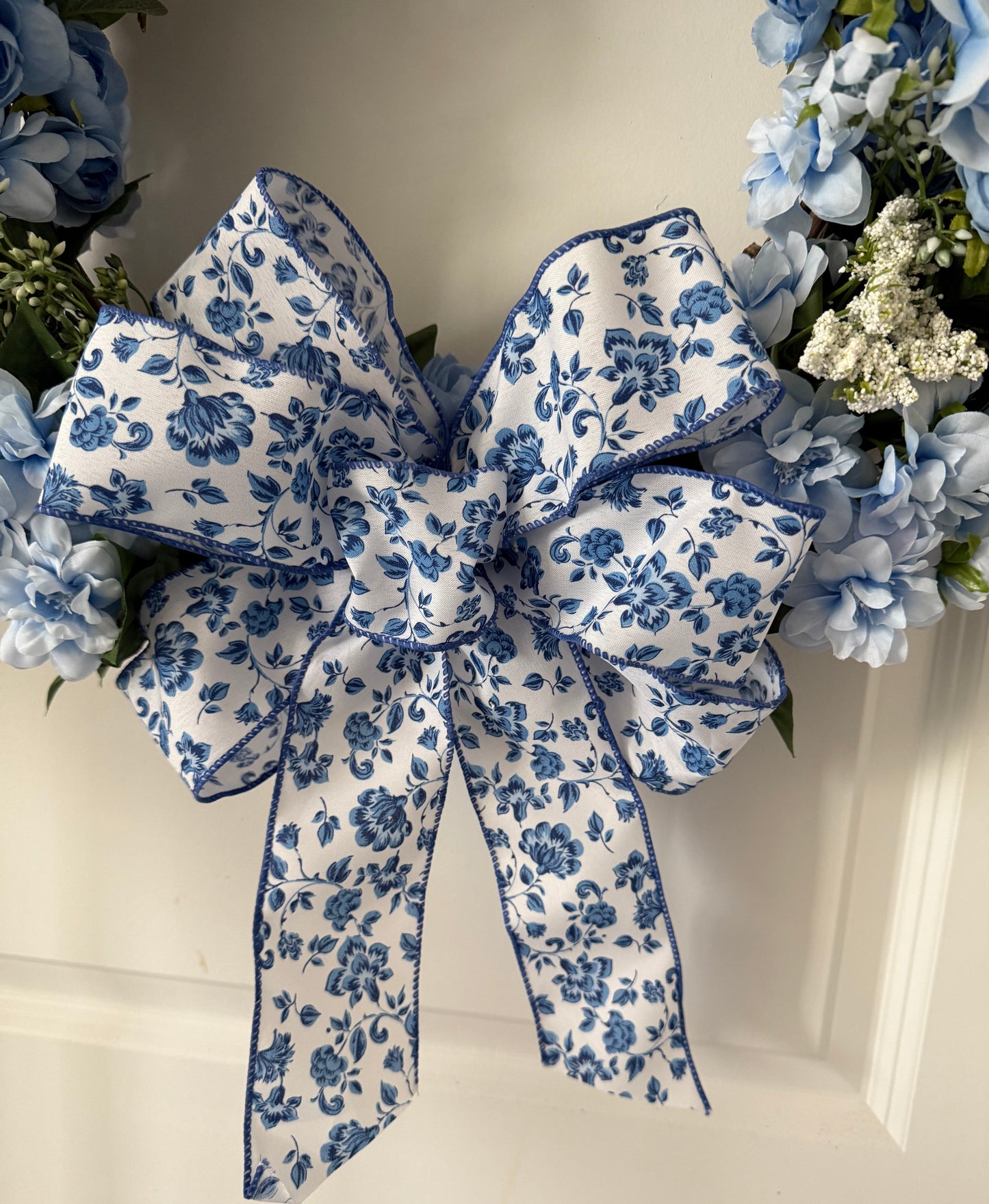 a. Spring Blue Floral Ribbon and Flowers Wreath
