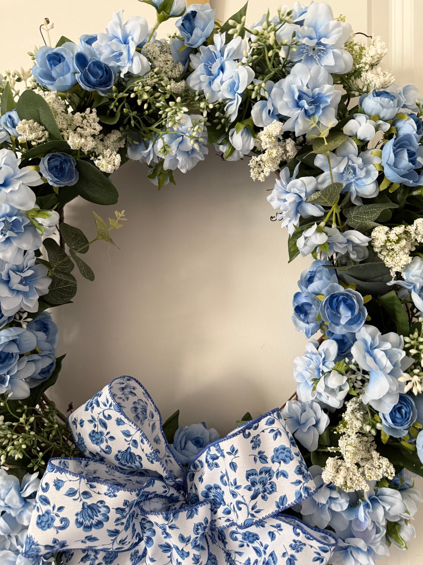 a. Spring Blue Floral Ribbon and Flowers Wreath