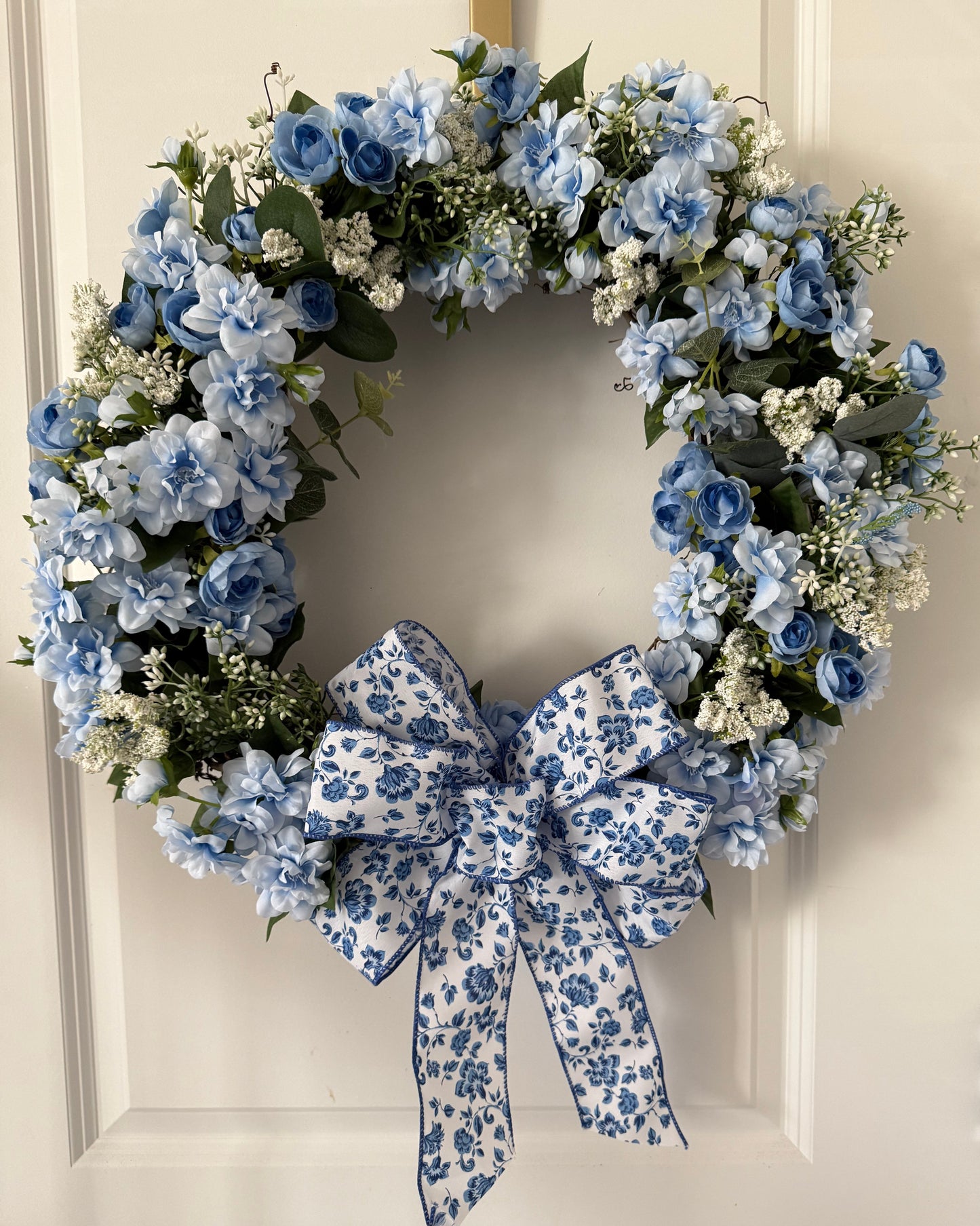 a. Spring Blue Floral Ribbon and Flowers Wreath