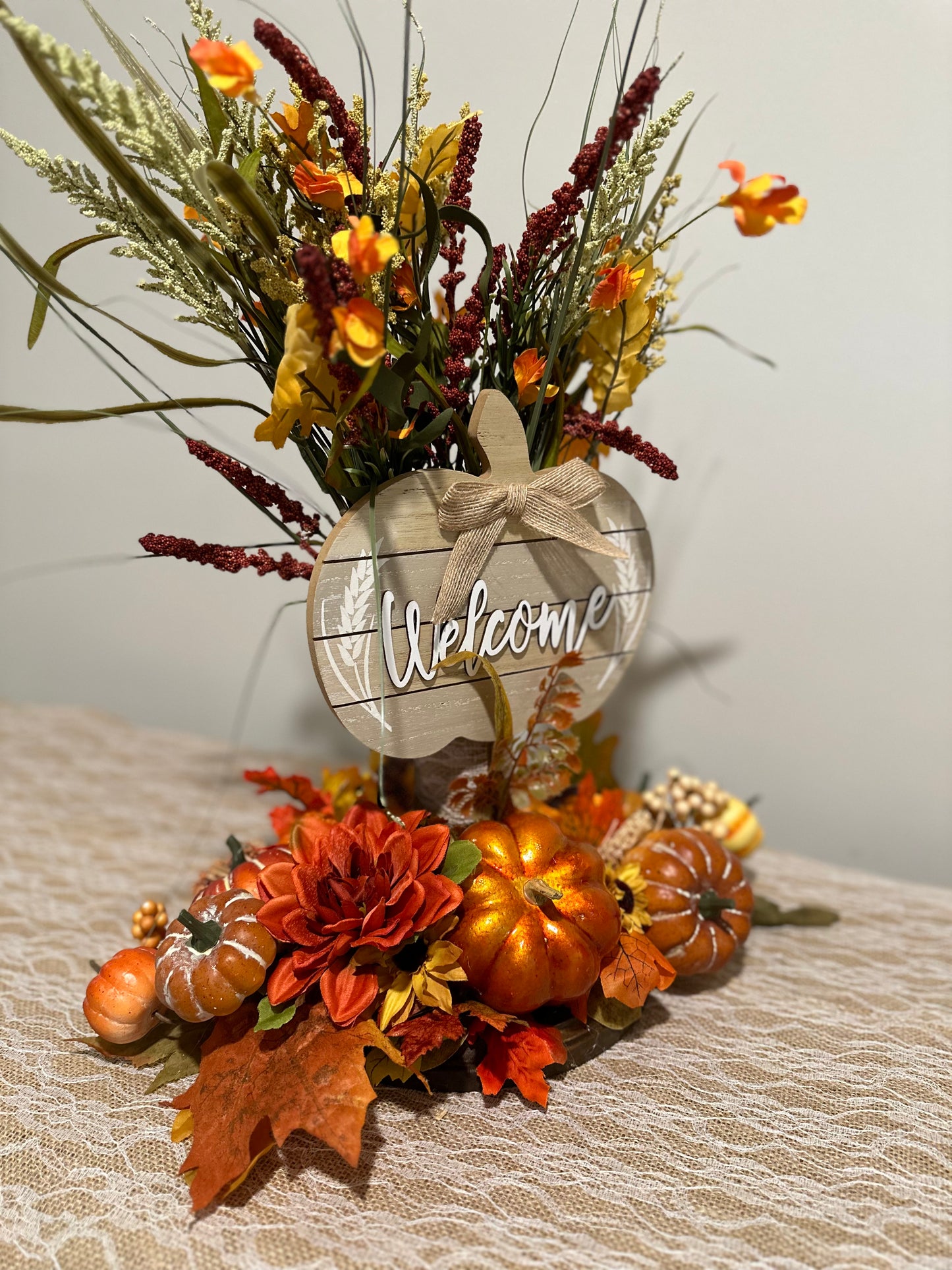 Welcome - Orange Shiny Pumpkin Fall Floral