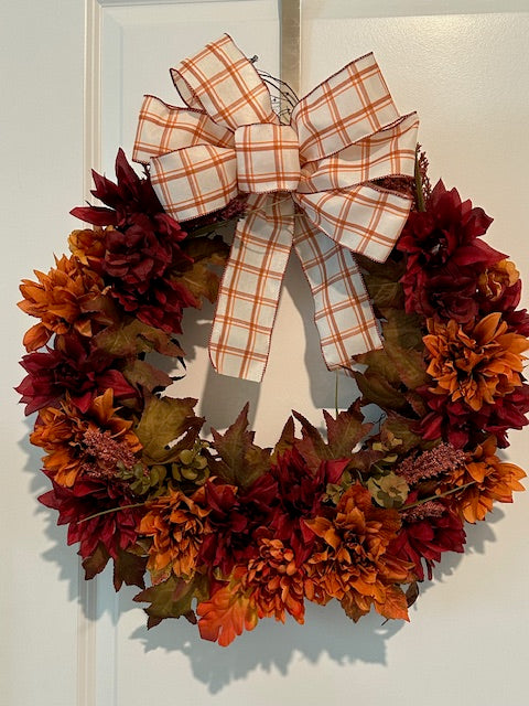 Fall Burgundy and Burnt Orange Color Floral with Strip Orange Plaid Bow (18" Wreath)