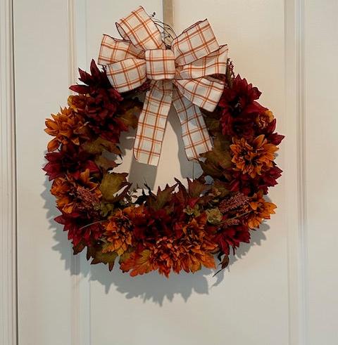 Fall Burgundy and Burnt Orange Color Floral with Strip Orange Plaid Bow (18" Wreath)