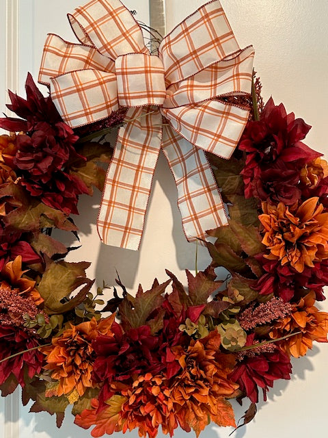 Fall Burgundy and Burnt Orange Color Floral with Strip Orange Plaid Bow (18" Wreath)