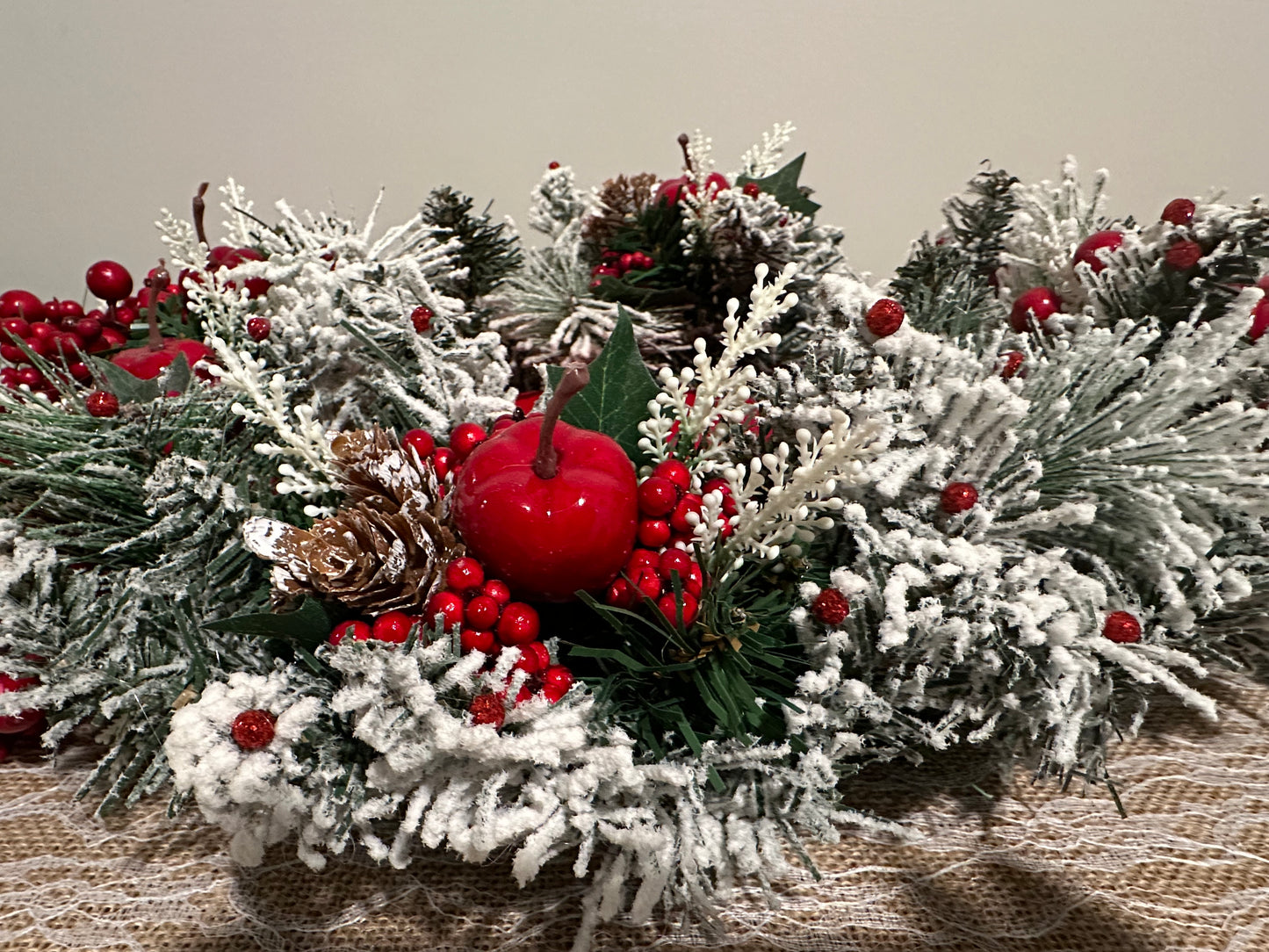 Christmas Centerpiece red apple, berries, and  velvet red base