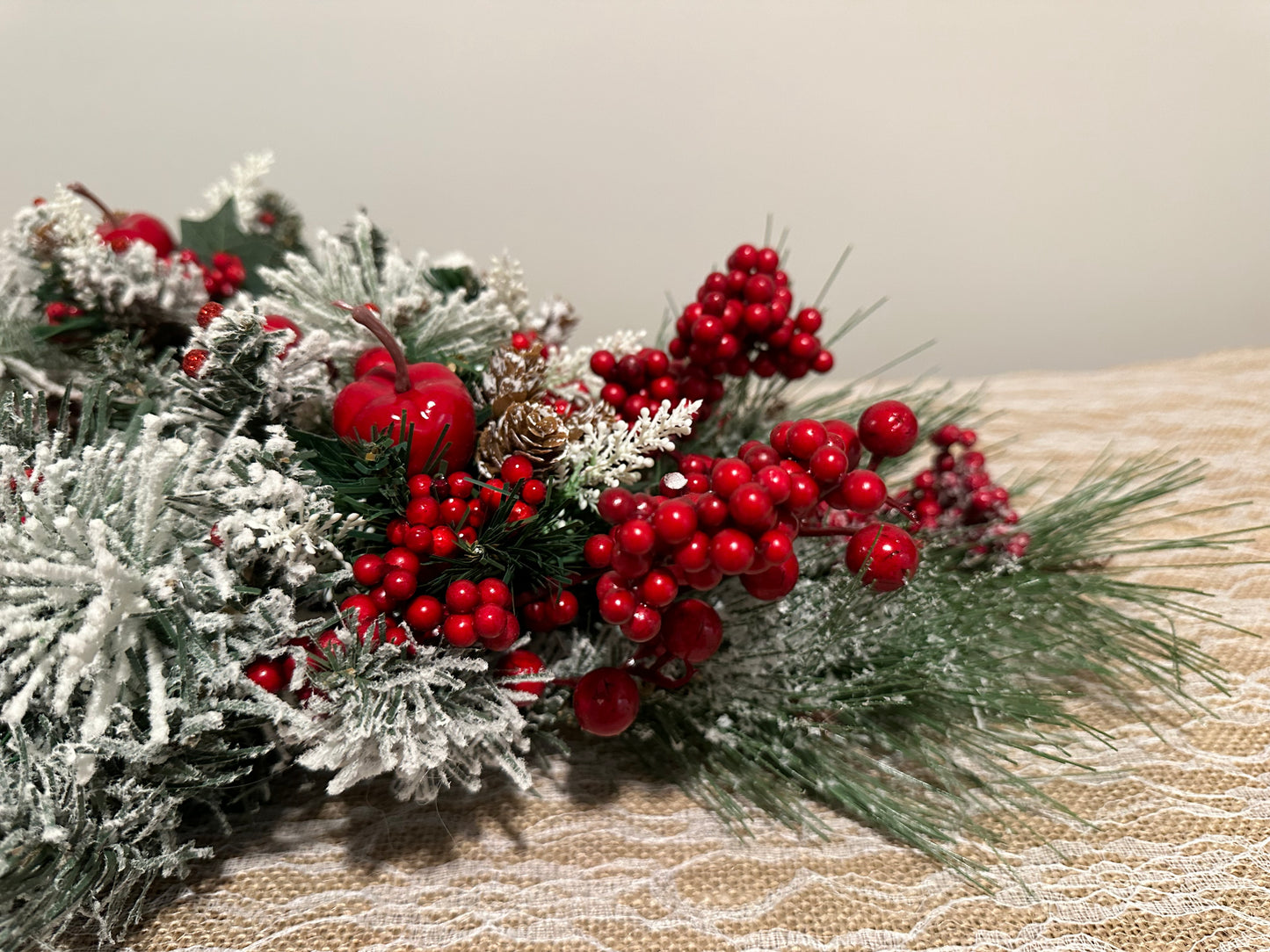 Christmas Centerpiece red apple, berries, and  velvet red base