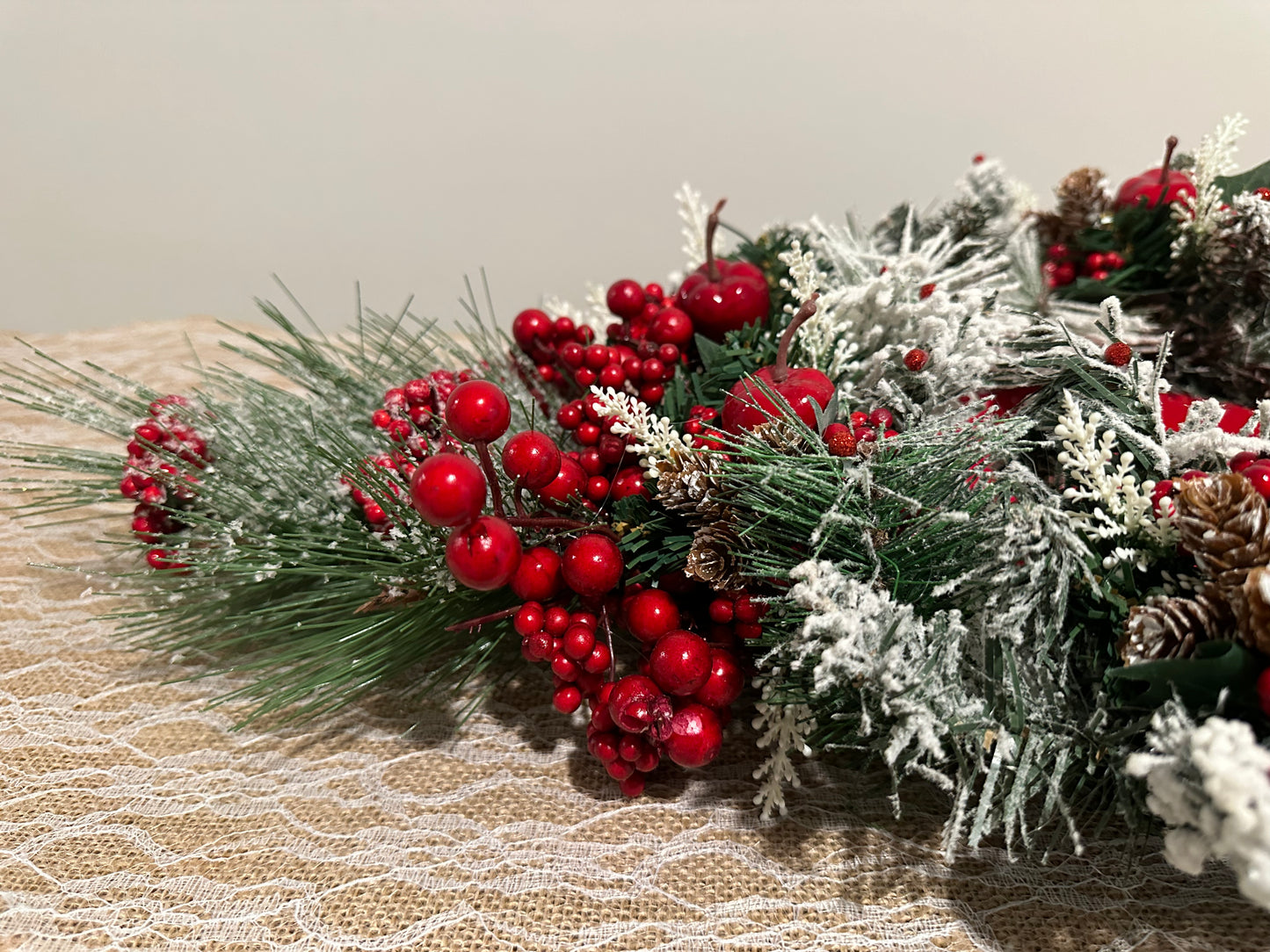 Christmas Centerpiece red apple, berries, and  velvet red base