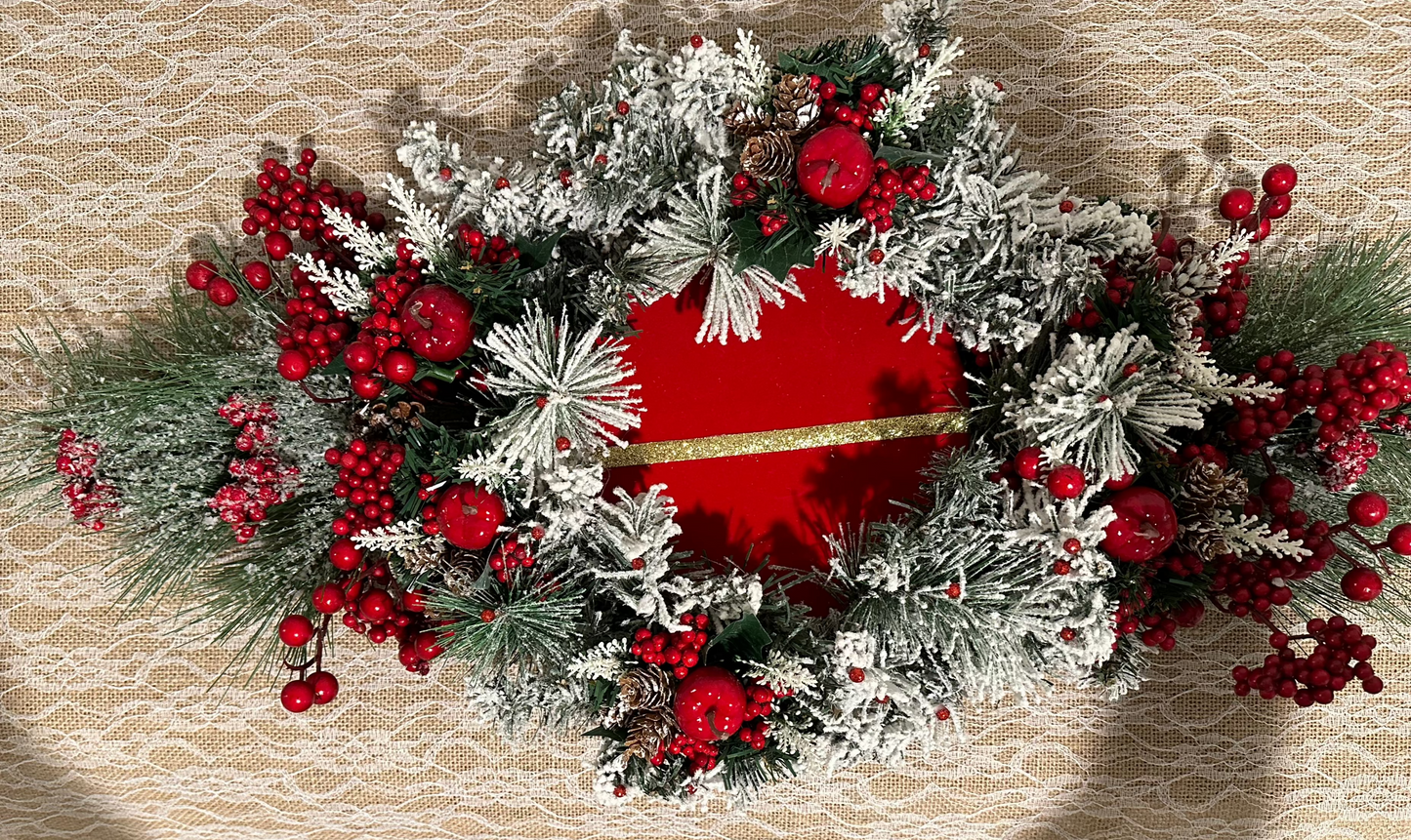 Christmas Centerpiece red apple, berries, and  velvet red base