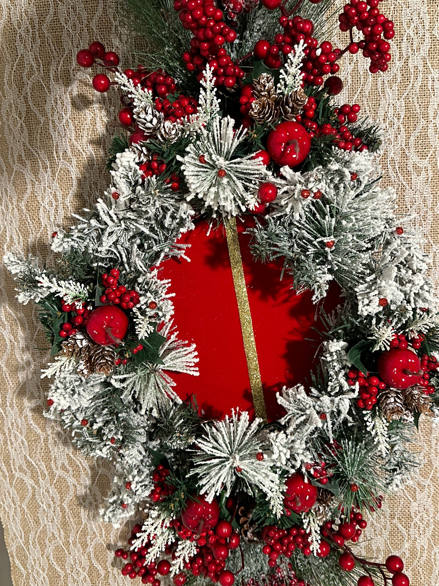 Christmas Centerpiece red apple, berries, and  velvet red base