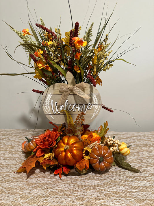 Welcome - Orange Shiny Pumpkin Fall Floral