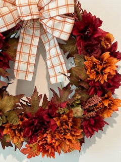 Fall Burgundy and Burnt Orange Color Floral with Strip Orange Plaid Bow (18" Wreath)